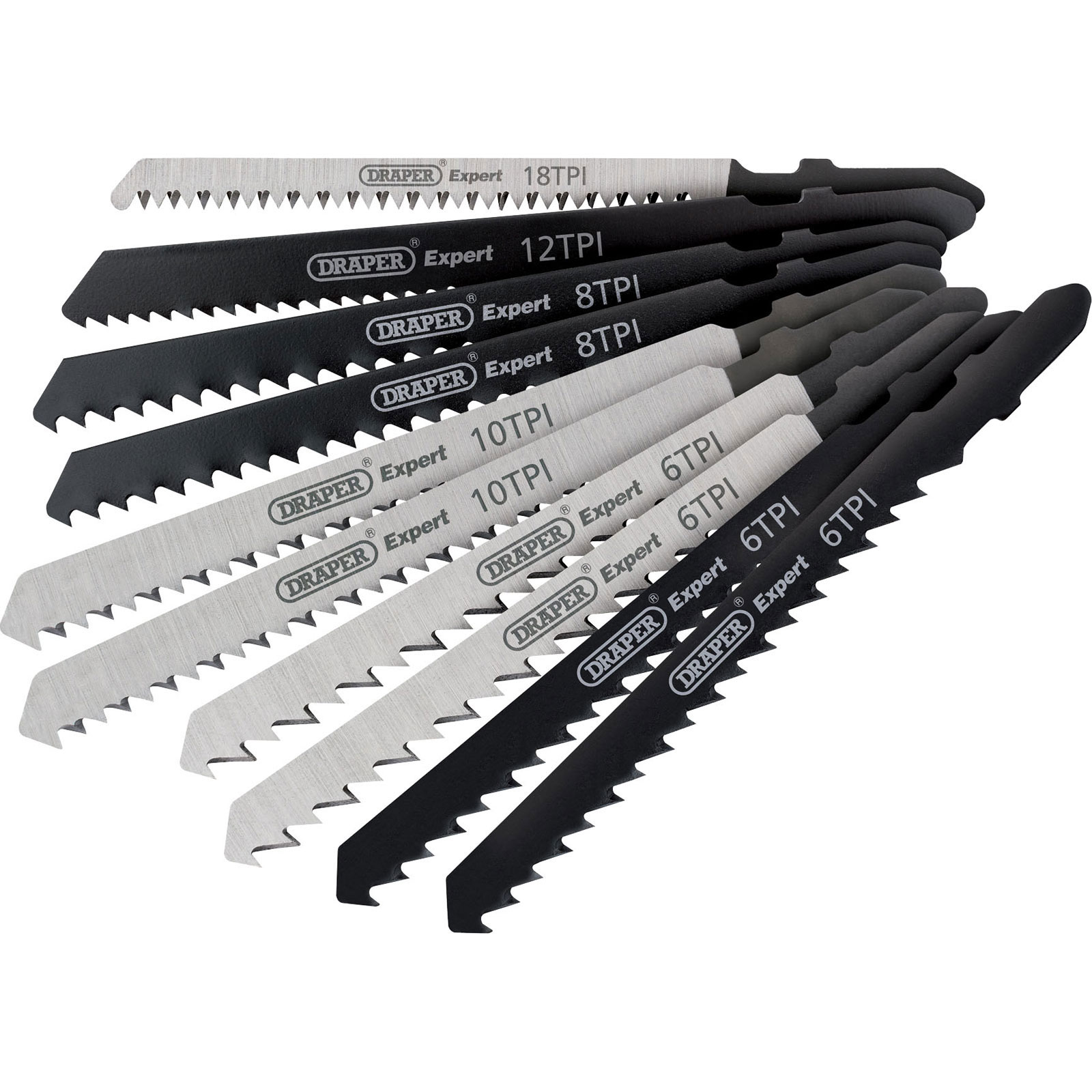 Ten assorted jigsaw blades in varying lengths and tooth counts, featuring a mix of silver and black finishes, labeled with "Draper Expert" and TPI specifications.