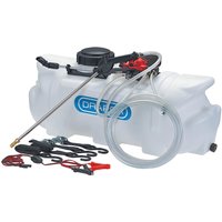 White Draper ATV sprayer with black lid, hose, and red nozzle, featuring a pressure gauge and battery clips.