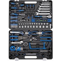 Black and blue Draper 138-piece tool kit with wrenches, pliers, screwdrivers, sockets, and a spirit level in a case.