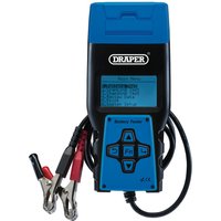 Black and blue Draper battery tester with printer, LCD screen, control buttons, and attached red and black clamps.