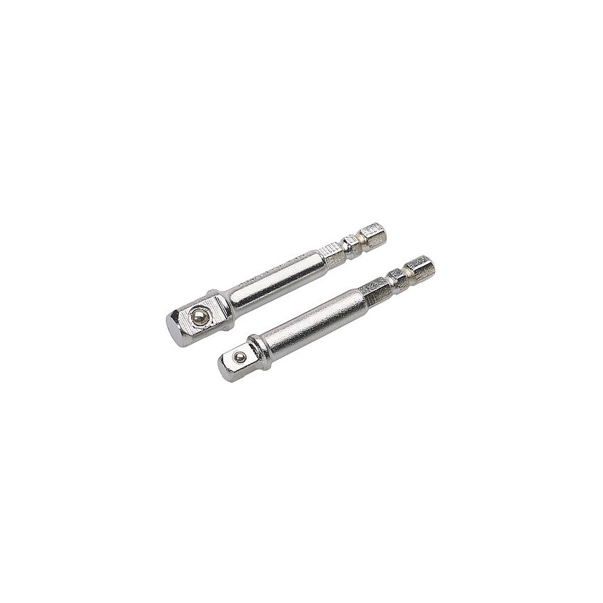 Two chrome-plated steel drive adaptors, one 1/4" hexagon and one 3/8" square, featuring a shiny finish and a compact design for versatile tool compatibility.