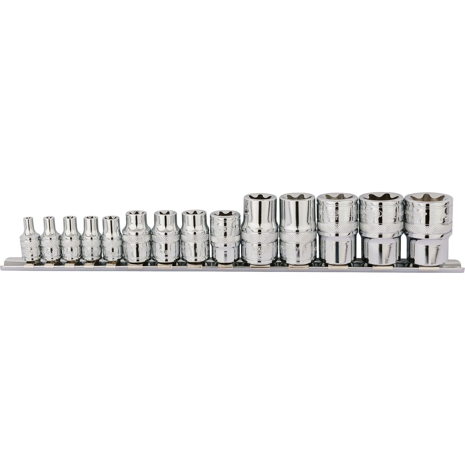 Draper Expert 34415 TX-STAR® socket set featuring 14 chrome-plated sockets in sizes 1/4", 3/8", and 1/2" displayed on a metal rail for easy organization.