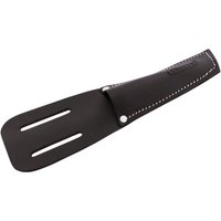 Black leather Draper belt holster with white stitching and two slits for belt attachment.
