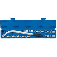 Draper Belt Tensioner Wrench Set with silver wrench and multiple attachments in a blue plastic case.