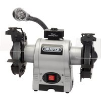 Draper bench grinder, silver with dual 150mm grinding wheels, 370W motor, and flexible worklight.