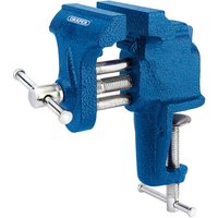 Blue Draper bench vice, 75mm, with silver screw handle and clamp, textured finish, and adjustable jaws.