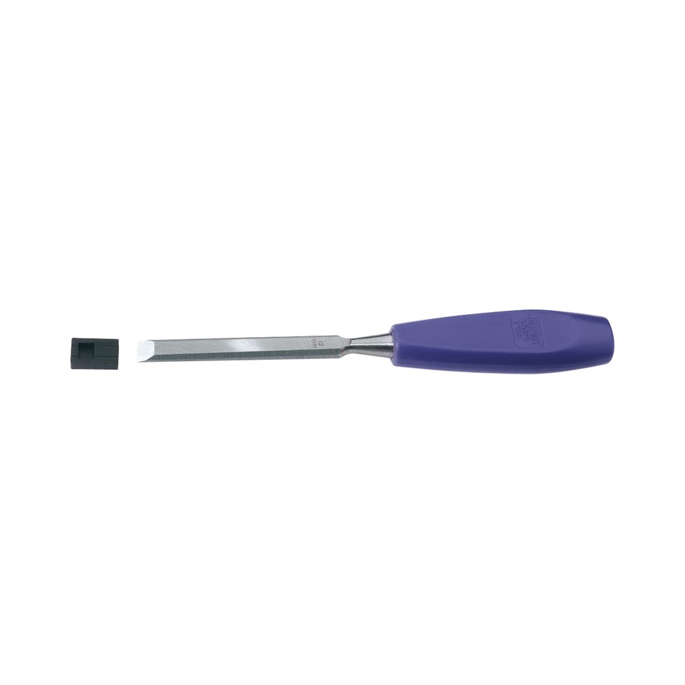 Draper 69643 bevel edge wood chisel features a 12mm wide steel blade with a polished finish, complemented by a purple rubber grip handle for comfort and control.