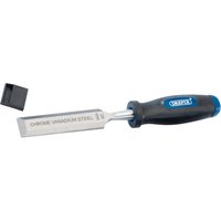 Draper bevel edge wood chisel, 26mm, chrome vanadium steel blade, black and blue ergonomic handle, blade cover included.
