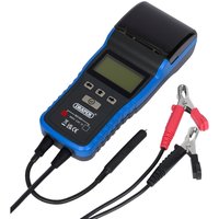 Draper BFT4 12v digital brake fluid tester with LCD screen, blue casing, and attached printer, red and black clamps.