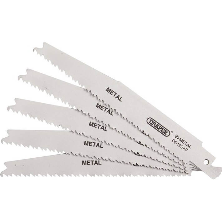 Five silver bi-metal reciprocating saw blades, each 150mm long, with serrated edges and labeled "METAL" in black, designed for cutting metal, featuring a sturdy construction.
