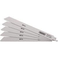 Draper bi-metal reciprocating saw blades, 225mm, 24tpi, silver, pack of 5, labeled for metal cutting.