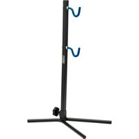 Black Draper bicycle cleaning stand with two blue hooks and tripod base.