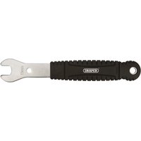 Draper Bicycle Pedal Wrench, 15mm, with silver metal head and black rubber grip handle with hole for hanging.
