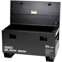 Black steel contractor's storage box with hinged lid, side handles, and "Draper Black Box" branding on the front.