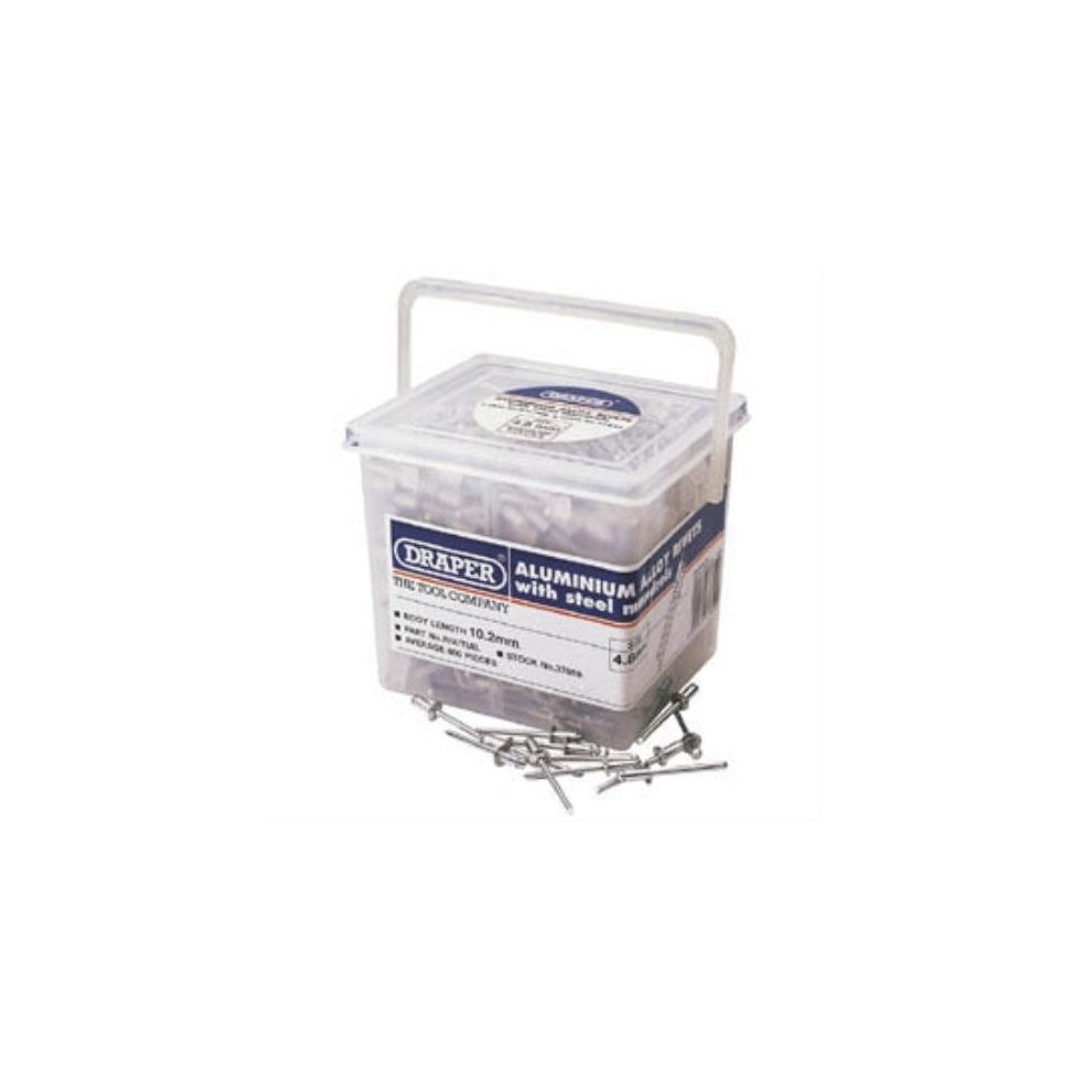 Clear plastic tub containing approximately 2000 aluminum blind rivets, each 3.2mm in diameter, with a handle and a label indicating the brand and specifications.