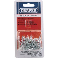 "Draper blind rivets, 3.2 x 5.2mm, 50 pieces, silver aluminum, in clear plastic packaging with red and blue label"
