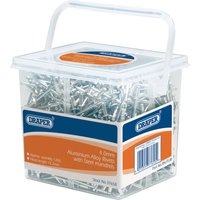 Clear tub of Draper blind rivets, 4.0 x 10.2mm, with silver metal finish and blue-orange label.