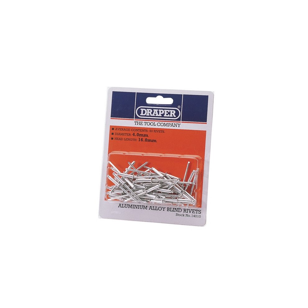 Draper 14010 blind rivets in a clear plastic pack, featuring multiple aluminum alloy rivets, measuring 50 x 4mm with a head diameter of 15.8mm, on an orange and blue branded card.