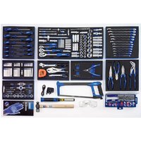 Draper BLUEWEK tool kit with assorted wrenches, pliers, screwdrivers, saw, and safety goggles in a blue and black case.