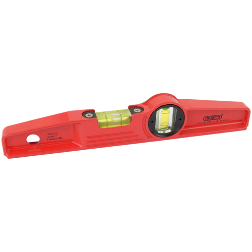 Draper Magnetic Cast Boat Level in blue, 250mm long, featuring a central bubble vial for accuracy and strong magnets for secure attachment to metal surfaces.