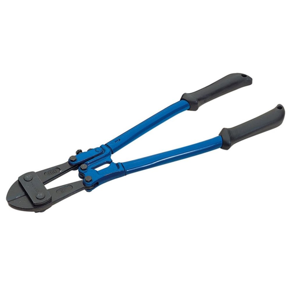 Draper 54266 bolt cutter features blue steel handles with rubber grips, a black cutting head, and a 450mm length, designed for cutting through tough materials.