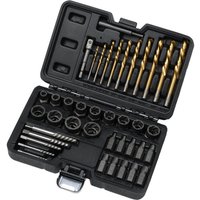 Black Draper 40-piece extractor set in case with various drill bits, sockets, and extractors neatly organized.