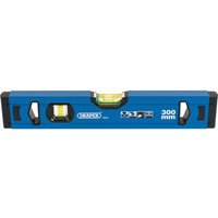 Blue Draper 300mm box section level with three bubble vials and black end caps.