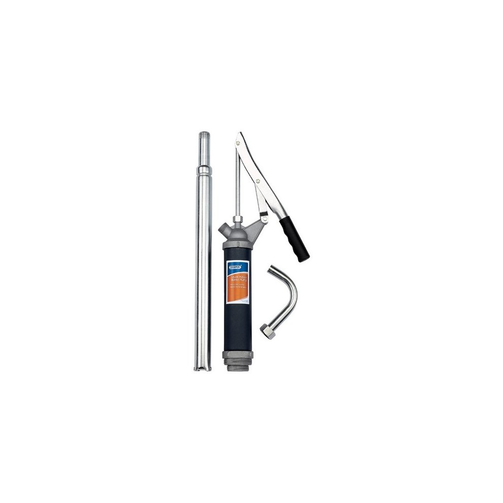 Draper 47808 Lever Action Barrel Pump features a metallic silver barrel, a black handle, and includes a flexible hose and nozzle for easy liquid transfer.