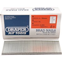 Draper Brad Nails, 38mm, pack of 5000, silver finish, in a white and blue box with product details.