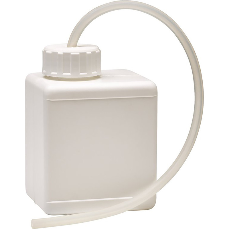 White plastic brake bleeding kit with a 500ml capacity, featuring a screw-on cap and a clear flexible tube attached for fluid extraction.
