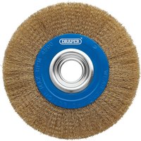 Brassed steel wire wheel brush with blue center hub, circular design, 200 x 31.75mm, by Draper.