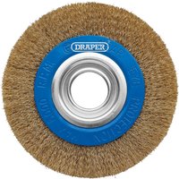 Brassed steel bench grinder wire wheel brush with blue center and Draper logo.