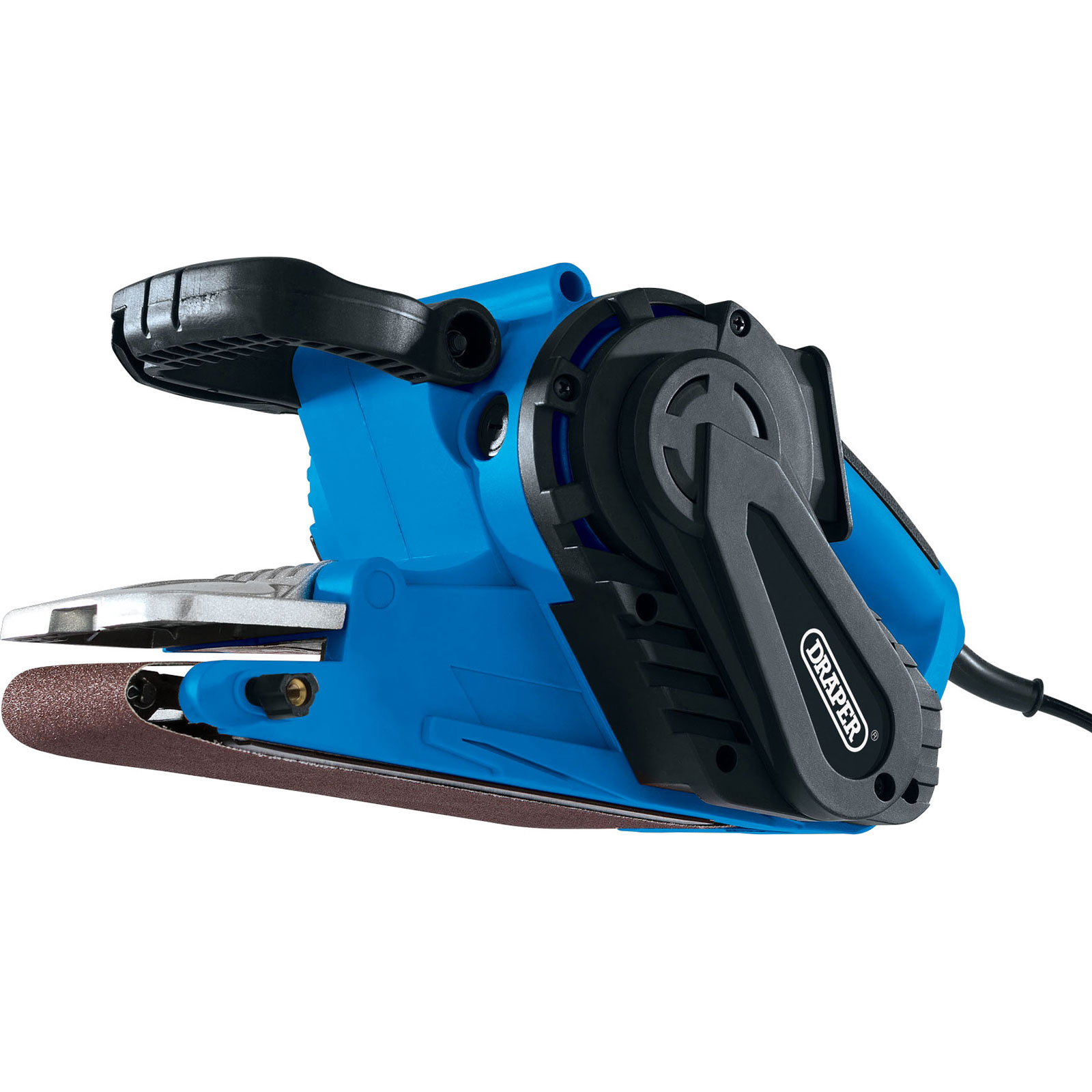 Draper 58287 75mm belt sander in blue and black, featuring a robust design, ergonomic handle, and a 1010W motor for efficient sanding.