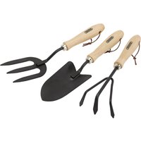 Carbon steel hand fork, cultivator, and trowel with light hardwood handles and leather hanging loops.