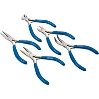 Draper Carbon Steel Mini Plier Set, five pieces with blue rubber grips and silver metal heads.