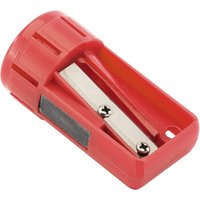 Red Draper Carpenter's Pencil Sharpener with a cylindrical design and metal blade.