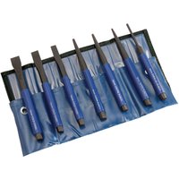 Blue-handled Draper chisel and punch set with seven pieces in a blue roll-up pouch.
