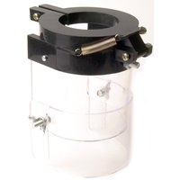 Black and clear plastic Draper Chuck Guard, 60mm, with metal hinges and screws for securing onto machinery.