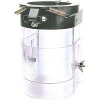 Clear plastic Draper chuck guard with black top, metal springs, and adjustable screws for drill press models.