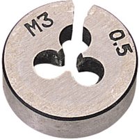 "Silver Draper coarse circular die, 13/16 inch diameter, with M3 and 0.5 markings, central cutout design"