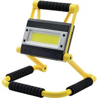 Yellow and black Draper COB LED rechargeable folding worklight with handle, 20W, 750-1,500 lumens, power bank feature.