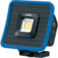 Blue Draper COB LED mini flood light, square with magnetic base, hanging hook, USB-C port, and central LED panel.