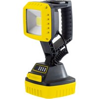 Yellow Draper COB LED worklight with black handle, square light head, and rechargeable base with battery indicator.