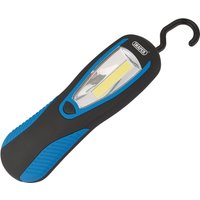 Blue Draper COB LED work light, black grip, magnetic back, hanging hook, 3W, 200 lumens, includes 3 AA batteries.
