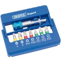 Blue Draper 8-piece screwdriver bit set with colored bits and magnetic holder in a compact case.