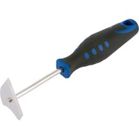 Draper Combination Shave Hook, 200mm with a black and blue ergonomic handle and a triangular metal blade.