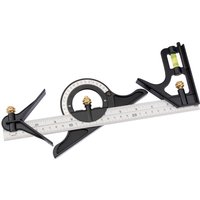 Draper 300mm combination square with black center head, protractor, and spirit level on a metal ruler.