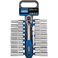 Draper 20-piece socket and ratchet set, silver sockets with blue-handled ratchet, organized in a black carrying case.