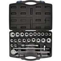 Black Draper 26-piece socket set in a molded case, featuring various socket sizes and a 3/4" square drive handle.