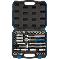 Draper 39-piece socket set with ratchet, extensions, and sockets in a black and blue hard plastic case.